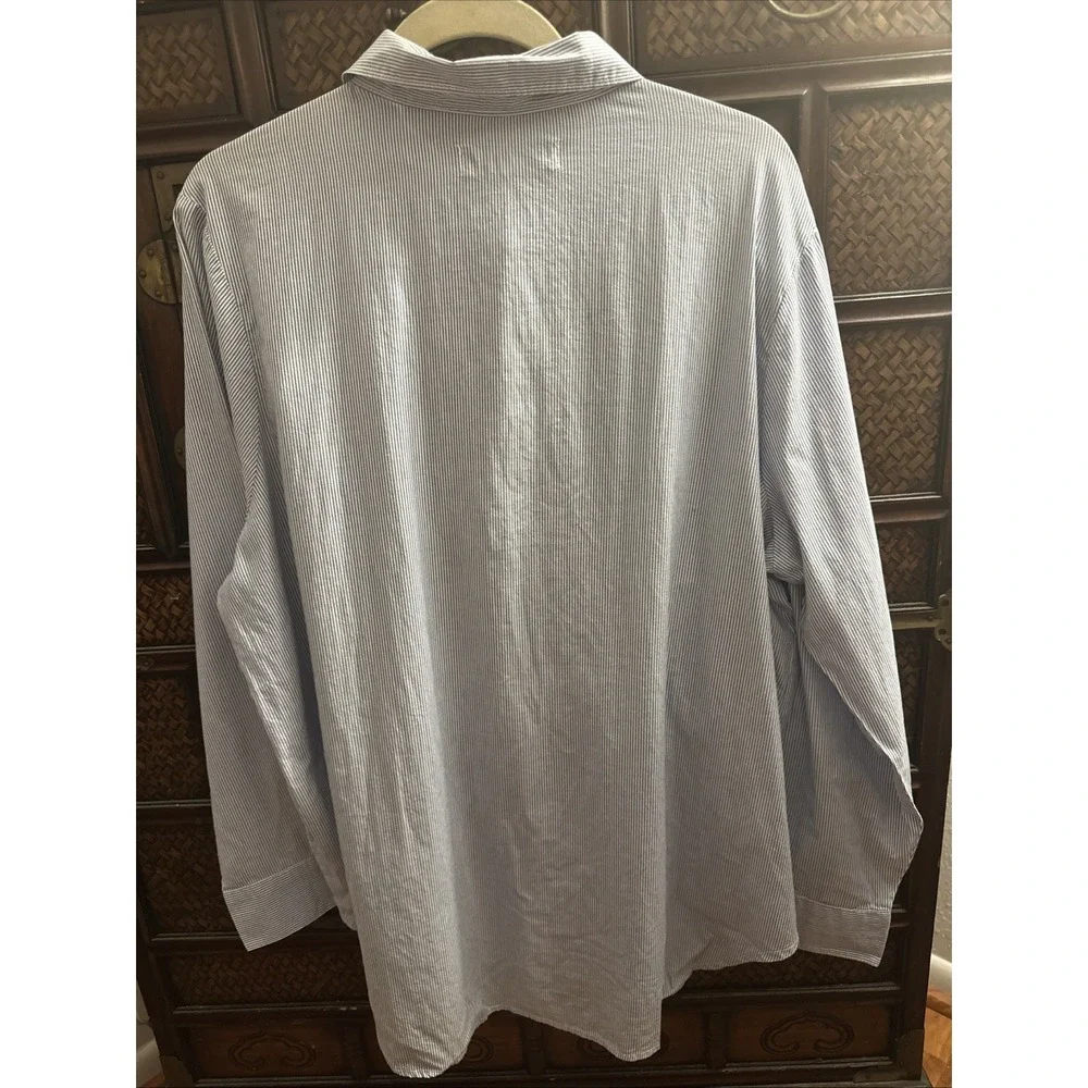 Women's Blouse Blue‎ White Stripe Long Sleeve 100% Cotton Floral Embroidery XL